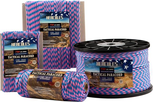 HERCULES 750lb Paracord | 4mm Tactical Parachute Cord - Durable Utility Rope for Camping & Survival (Pink Blue Plaid, 50FT)