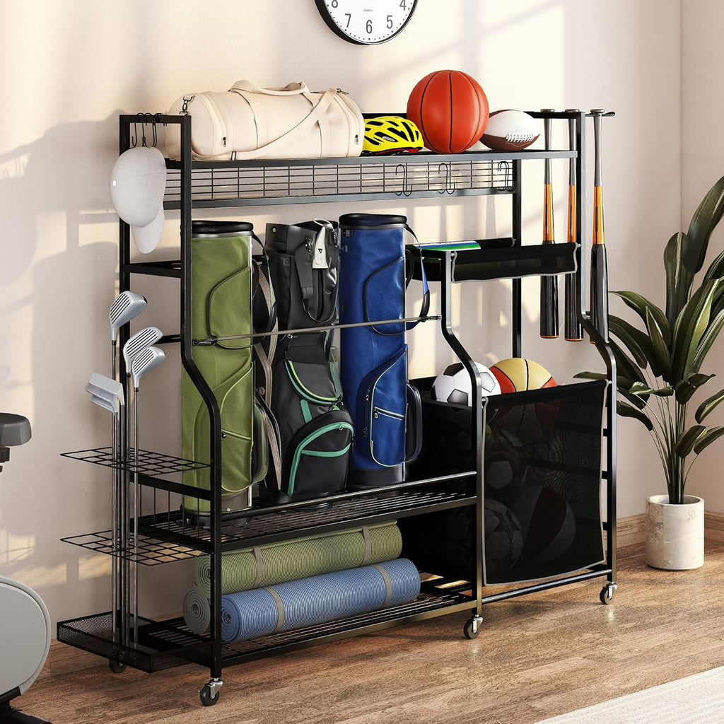 YITAHOME Sports Organizer - Multi-Functional Garage Storage Rack for Golf Gear | Holds 3 Bags & Clubs, Wheels Included
