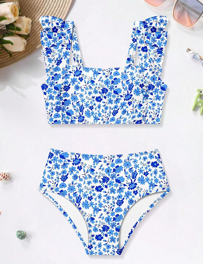 Girls 2-Piece Square Neck Ruched Bikini Set - Adjustable Straps, Blue Floral, 9-16Y