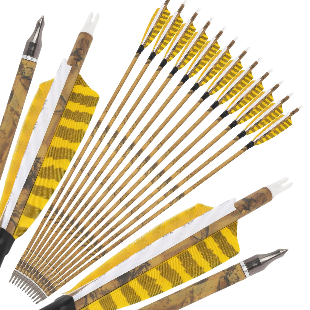 ZSHJGJR 30” Carbon Arrows Hunting Arrows with 4” Turkey Feather Removable Tips Archery Targeting Practice Arrows 500 Spine for Compound & Recurve & Traditional Bow 6/12pcs (12, Yellow & White)