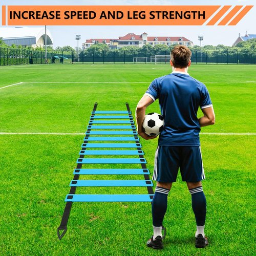 ZEMBSOYA Soccer Training Poles Set, 6 Soccer Poles, Ladder, 10 Soccer Cones, 1 Jump Rope for Soccer Speed and Training（Blue）