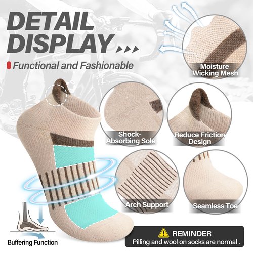 Anlisim 6 Pairs Merino Wool Ankle Running Hiking Socks Compression Support Breathable Thick Cushion No Show Socks for Women Men(Brown Beige,M)