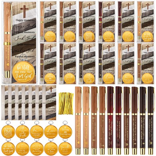 Spakon 50 Sets Christian Gifts for Men Religious Baptism Church Inspirational Bible Verse Engraved Compass Bamboo Pen Bookmark Christmas Christian Gifts for Pastor Father Sunday School (Natural)