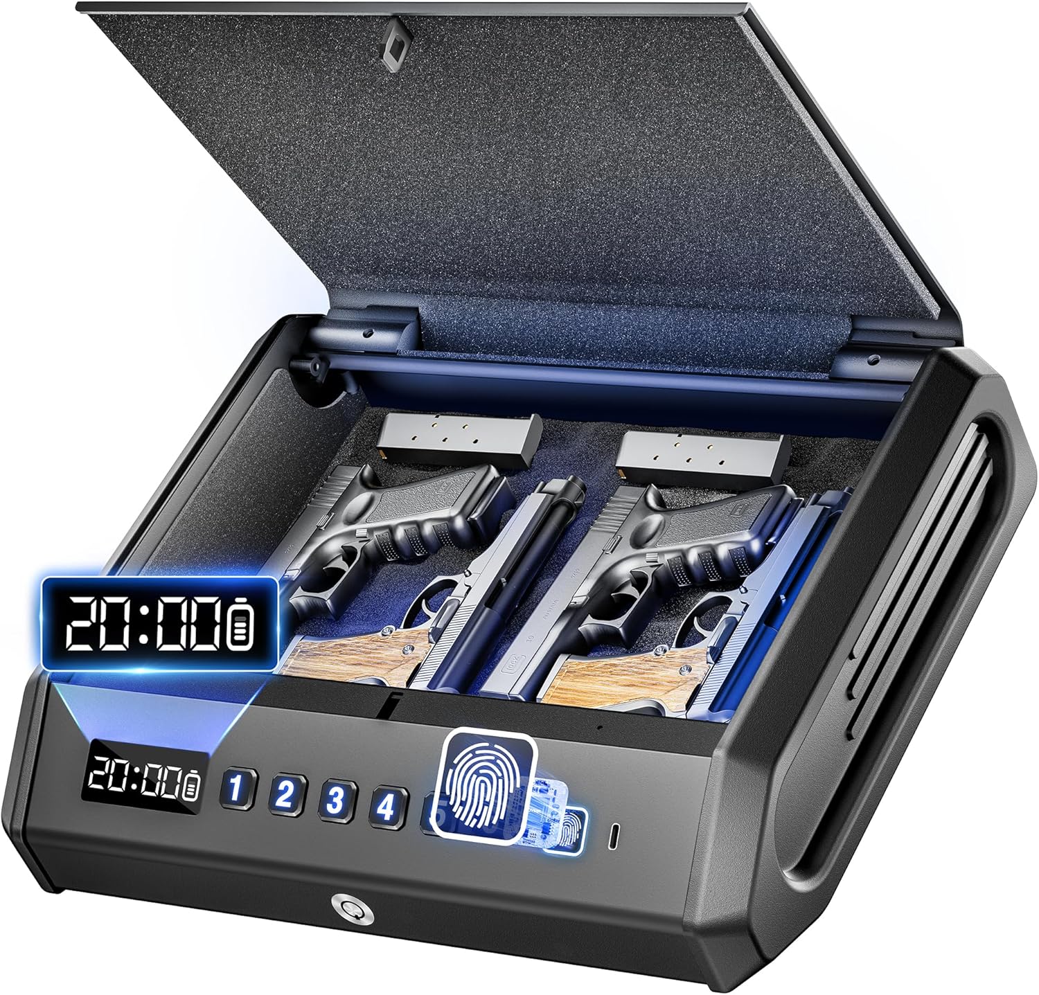 TOPMEDA Large Biometric Gun Safe - Fits 4 Pistols | 100 Fingerprint Sets, Internal Light & Silent Mode