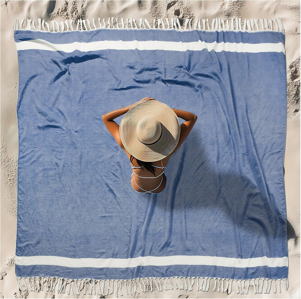 Skiennix Oversized Turkish Beach Towel - XXL Cotton Sandproof Blanket | Boho Woven Design in Blue