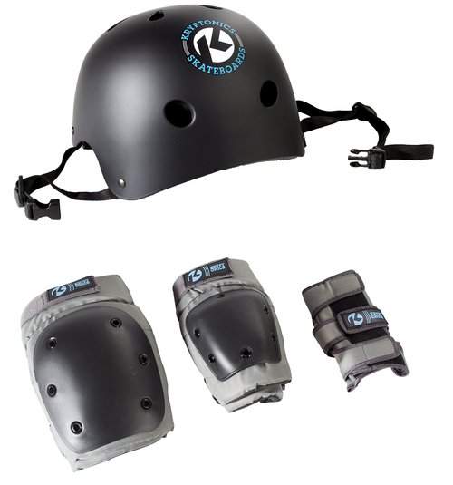 Kryptonics 4-in-1 Youth Protective Gear Set with Helmet – Complete Safety Kit for Skateboarding, Biking, and Rollerblading in Stylish Black – Ideal for Kids and Teens