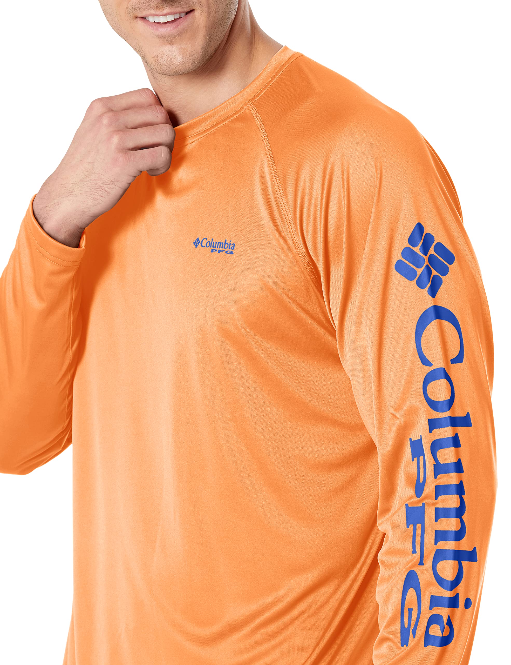 Columbia Men's PFG Terminal Tackle Long Sleeve Fishing Shirt, Bright Nectar/Vivid Blue Logo, Large Tall