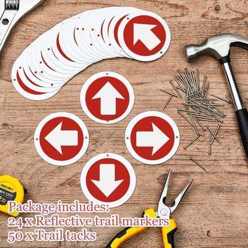 Amylove 24 Pcs 3 Inch Round Trail Markers with Reflective Tacks Aluminum Arrow Sign Traffic Signs Wall Decor Trail Marking Reflectors for Outdoor Camping Hiking Hunting Driving, Red