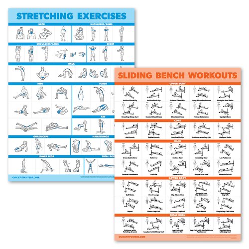 2 Pack Stretching Exercises and Sliding Bench Workout Poster Set - Compatible with Total Gym & Weider Ultimate Body Works [LIGHT] (LAMINATED, 18” x 24”)