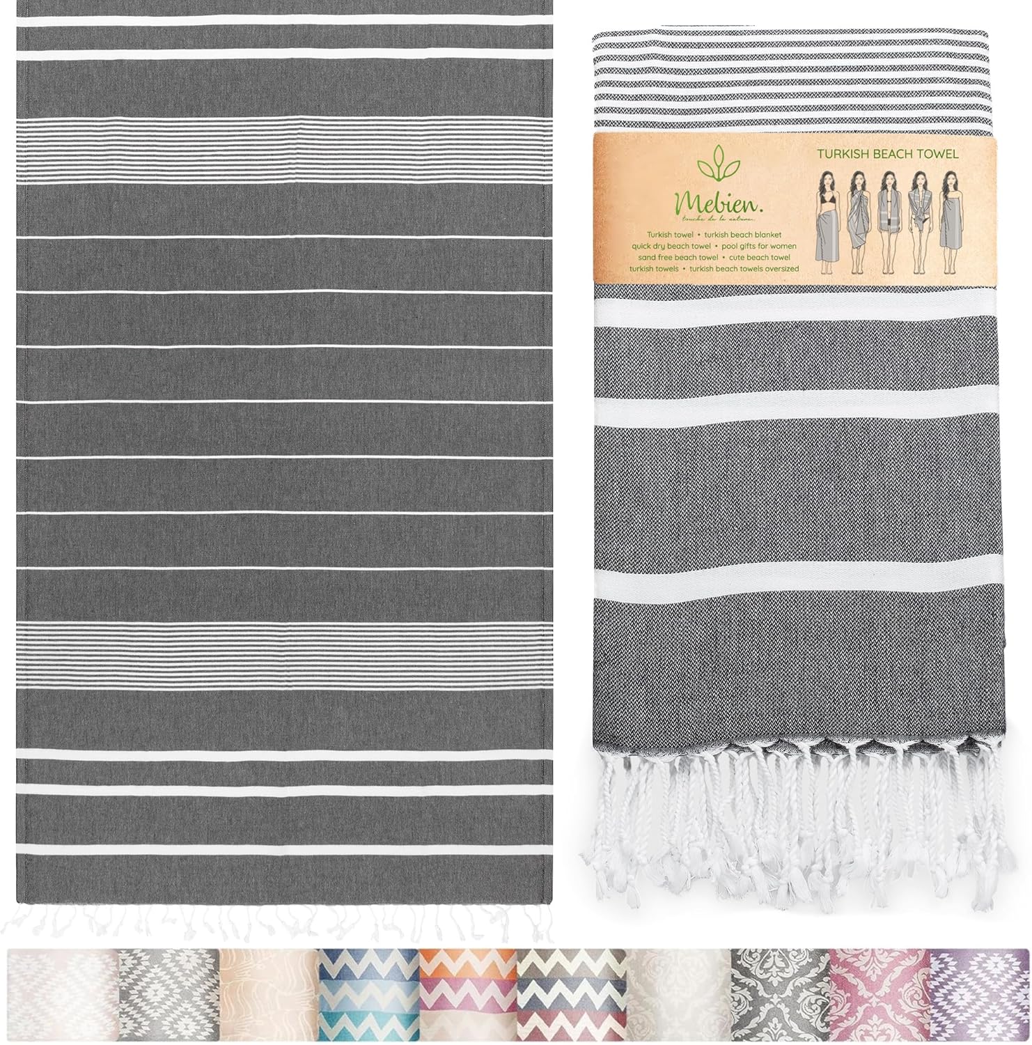 Premium Turkish Beach Towel - 100% Cotton, Quick Dry, Oversized 35”x 67” - Sand Free, Ideal for Travel & Pool - Black