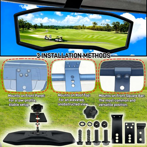 WUKO HUNT Golf Cart Rear View Mirror - Universal Racing Style Mirror with 3 Installation Kits & 360° Adjustable Ball Joint, Wide-Angle Clear HD Glass, Fits EZGO, Yamaha, Club Car, EPIC Golf Carts