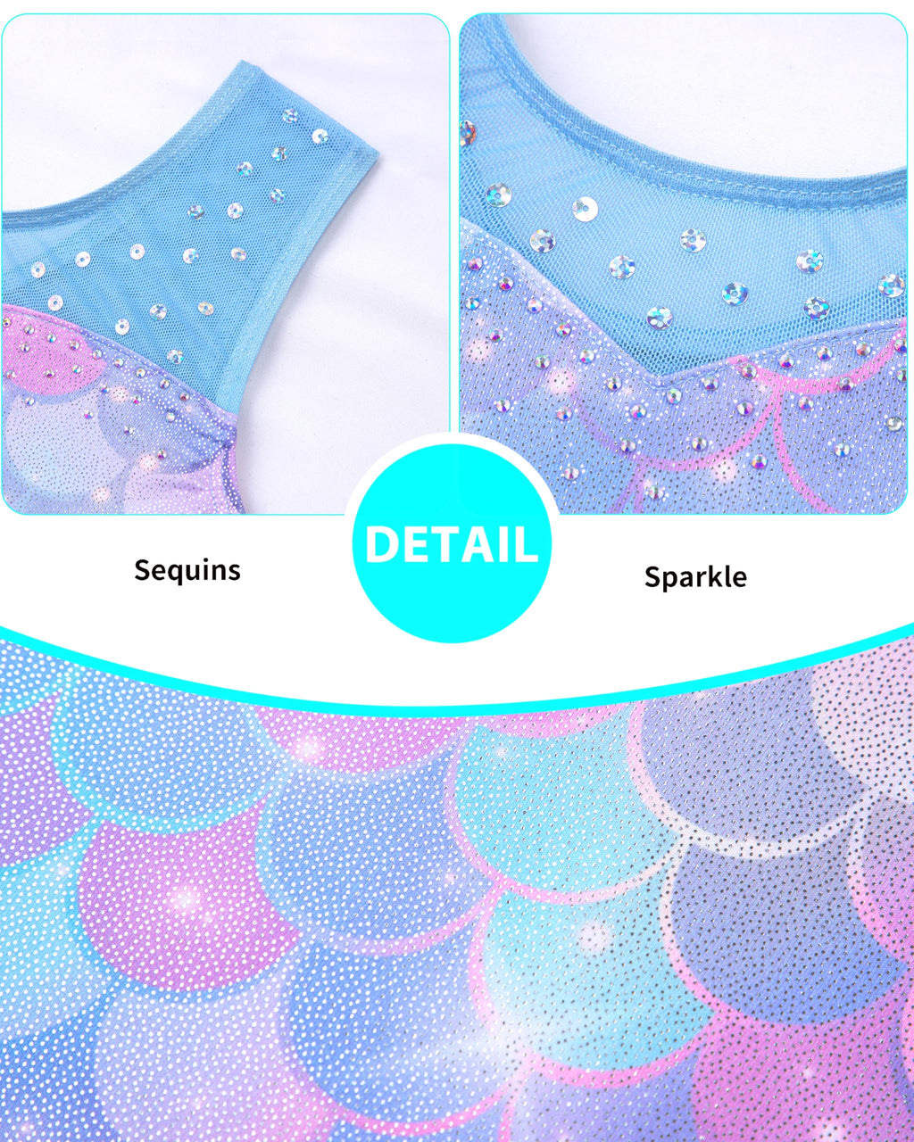 HOZIY leotards for gymnastics kids size 7-8 years Spliced Mesh Strap Tumbling Outfits Biketard Practice Blue Mermaid Rhienstone Sparkly ropa de gimnasia para niñas