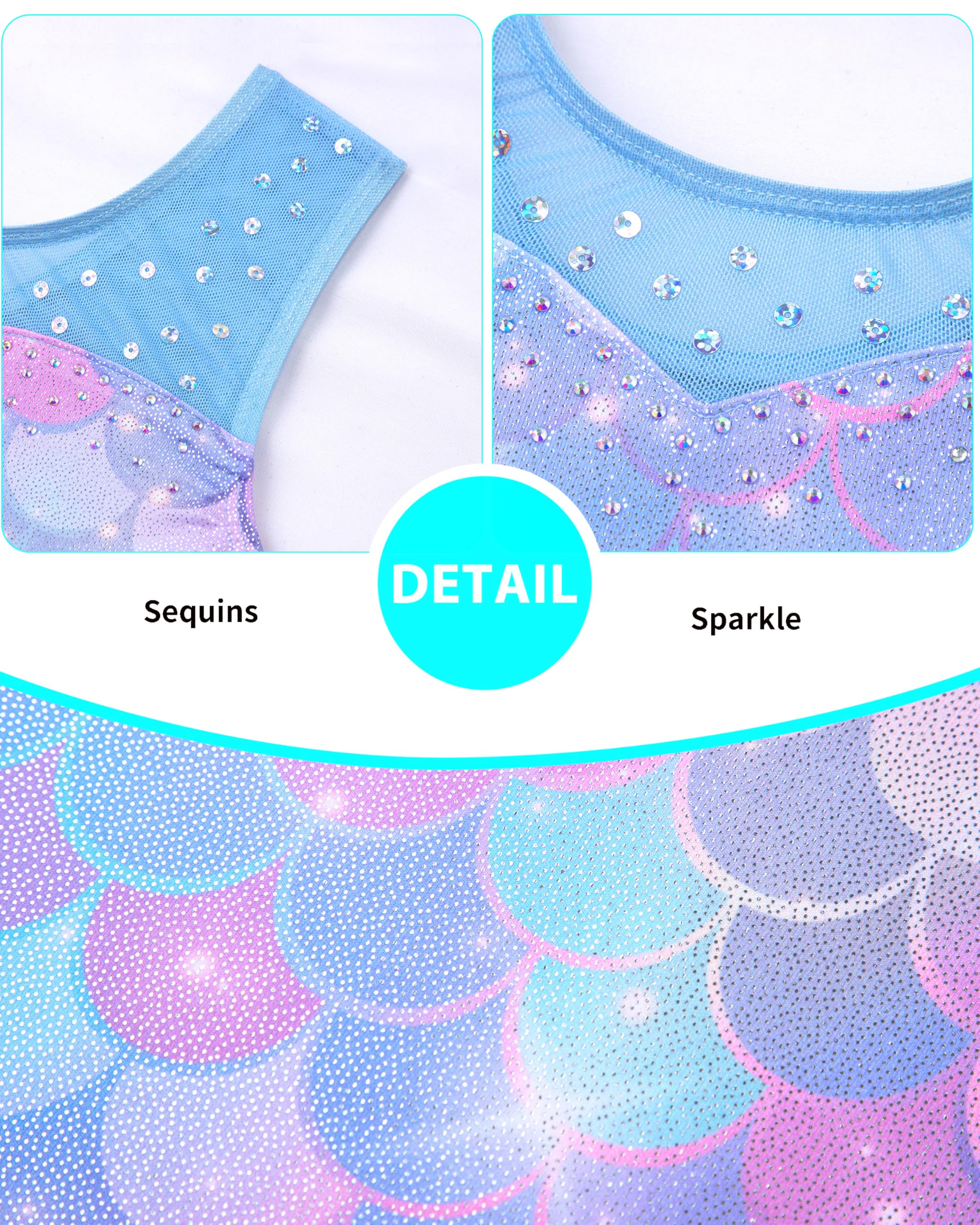 HOZIY leotards for gymnastics kids size 7-8 years Spliced Mesh Strap Tumbling Outfits Biketard Practice Blue Mermaid Rhienstone Sparkly ropa de gimnasia para niñas