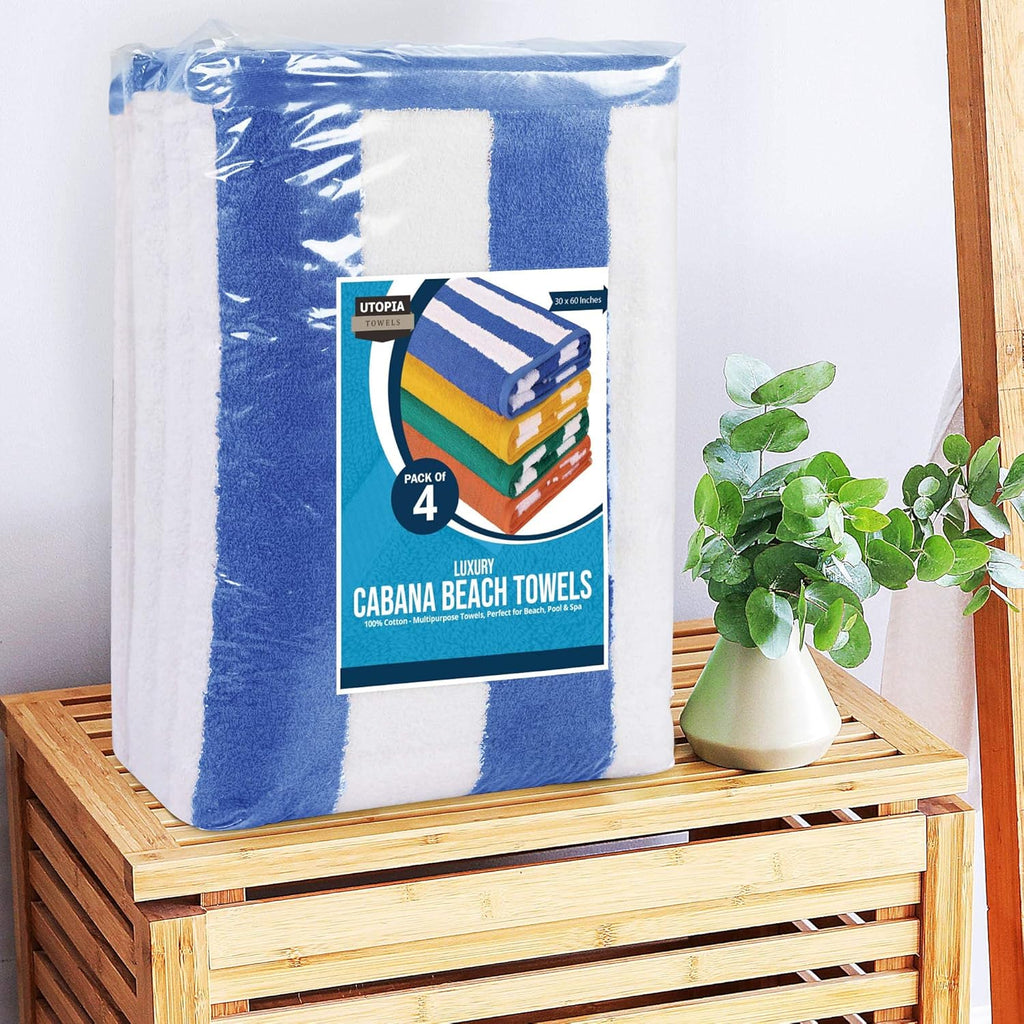 Utopia Towels Cabana Stripe Beach Towels - Oversized 100% Cotton, Quick Dry, 30x60 Inches, Blue - 4 Pack