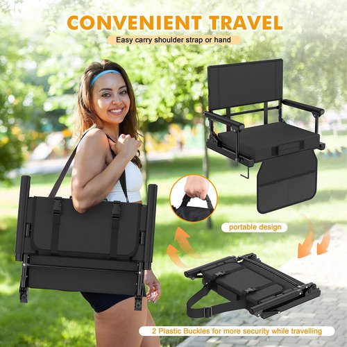 Annzoe Stadium Seats for Bleachers with Back Support, 600 Lbs Rated with Lightweight Soft Comfort Cushion, Stadium Seating for Bleachers with Adjustable Back Support and Shoulder Strap (Black)