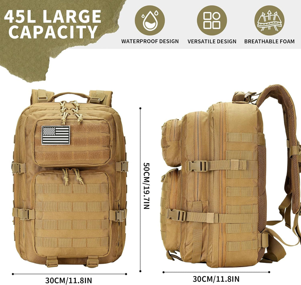 Skiennix 45L Military Tactical Backpack - Durable 3-Day Assault Pack for Hiking & Fitness (Khaki)