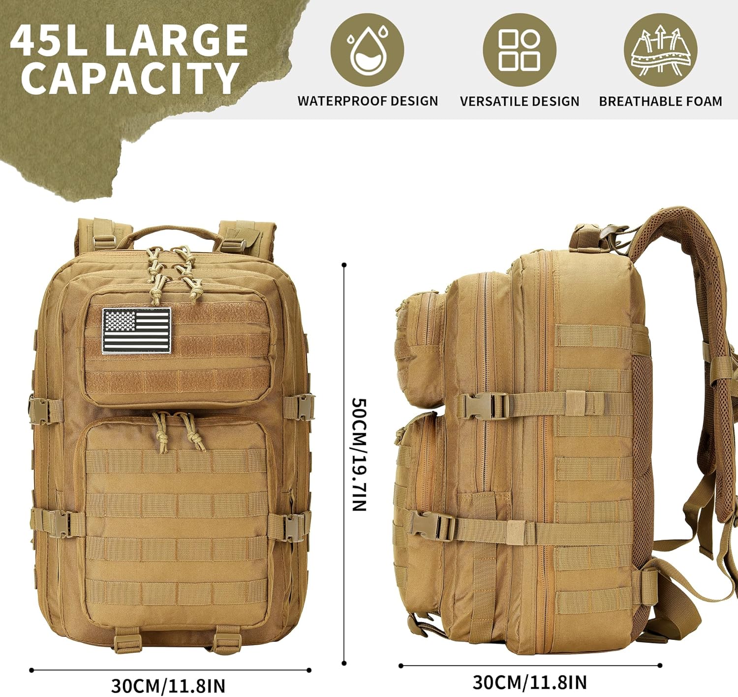 Skiennix 45L Military Tactical Backpack - Durable 3-Day Assault Pack for Hiking & Fitness (Khaki)