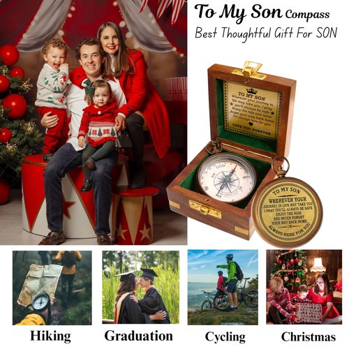 to My Son Engraved Brass Compass with Wooden Box – Inspirational Gift from Dad or Mom – Working Compass for Son – Graduation, Birthday, Christmas, Travel Keepsake Gift