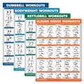 Palace Learning 4 Pack - Dumbbell + Bodyweight + Kettlebell Workouts - Sliding Bench - Set of 4 Laminated Charts (18'' x 24'')