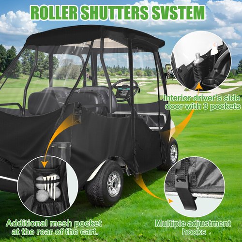 10L0L 4 Passenger Golf Cart Enclosure for Club Car DS, Driving Rain Cover (Short Roof 56-59" with Bench) Windproof Waterproof Portable 4-Sided Clear Window & Durable YKK Door Zipper (Black