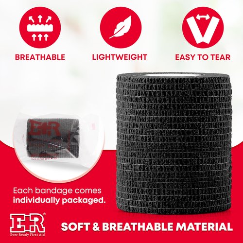 Ever Ready First Aid Self Adherent Cohesive Bandages 3" x 5 Yards - 12 Count, Black