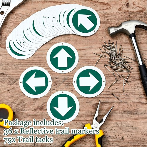 Amylove 36 Piece Trail Markers Bright Reflective Trail Markers Green Bright Trail Signs Trail Marking Reflectors for Hiking Hunting Camping Backpacking Walking Driveway Office New Place, Easy to Mount