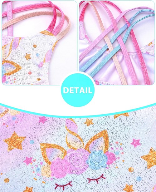 HOZIY Girls' Gymnastics Leotard - Snowflake Ribbon Design in Blue, Purple & Hot Pink Sparkle