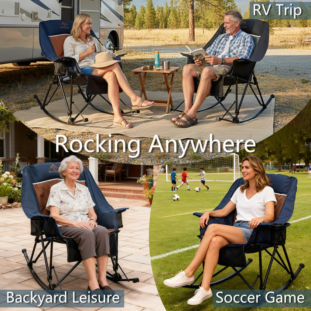 RED CREAT 400lbs Rocking Camping Chair, Oversized Heavy Duty XL Folding Rocker for Adults, Padded High Back Big & Tall Support, with Cup Holders & Carry Bag for RV, Lawn, Patio & Sports