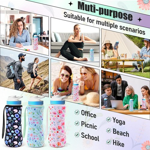 2ooya Water Bottle Sleeve for Cirkul 22 oz 3Pcs Flower Neoprene Insulated Water Bottles Cover Holder Carrier Bag with Handle Strap Compatible with 22oz Plastic & Stainless Steel Cirkul Accessories