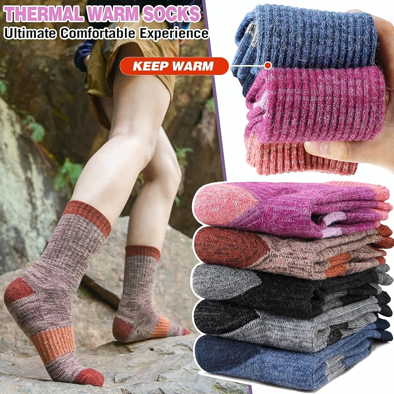 Merino Wool Hiking Socks for Women - Thermal, Cushioned, Moisture-Wicking, 5 Pairs (Black/Gray/Blue/Rose Red/Dark Caramel) Medium