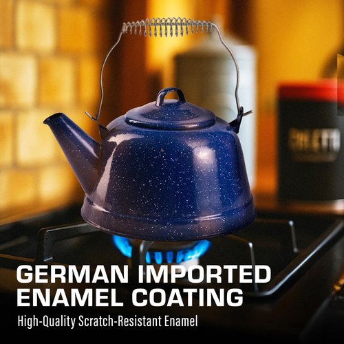 COLETTI Classic Camping Tea Kettle Stovetop — Travel Kettle, Camp Tea Pot for Stove — Chipping-Resistant German-Imported Enamel Coating [Blue Enamel, 9 Cups]