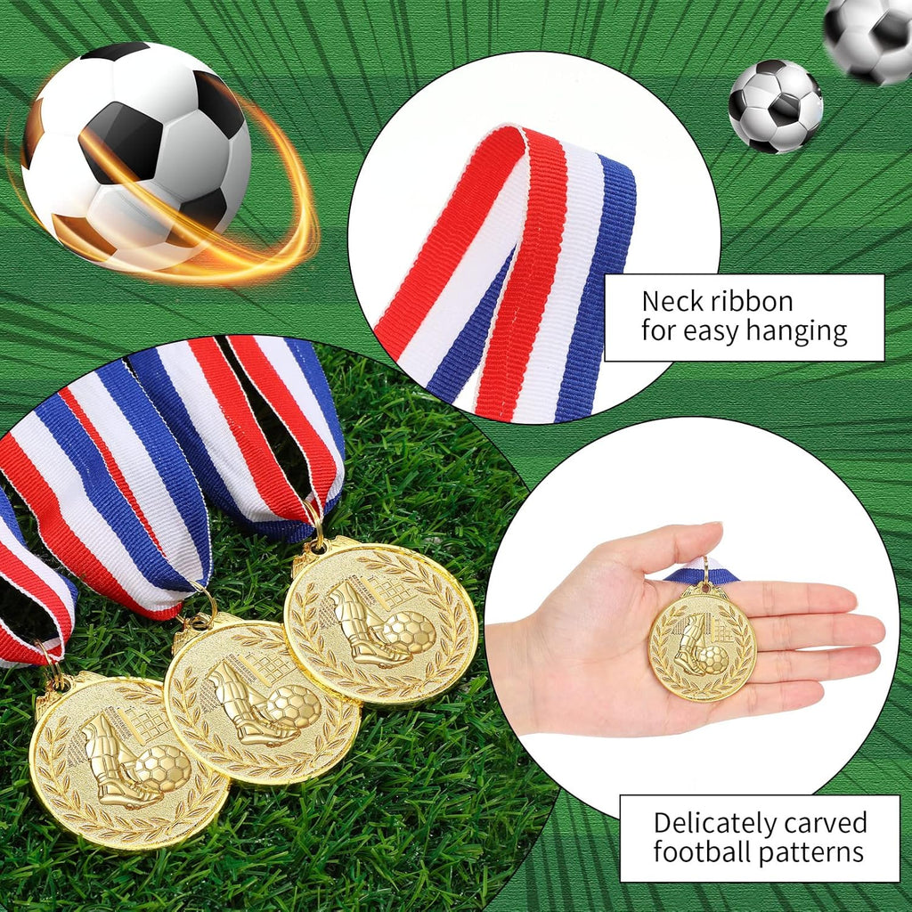 Yinkin 24-Piece Soccer Gold Award Medals Set - Metal Trophies with Red, White & Blue Ribbons for Team Competitions