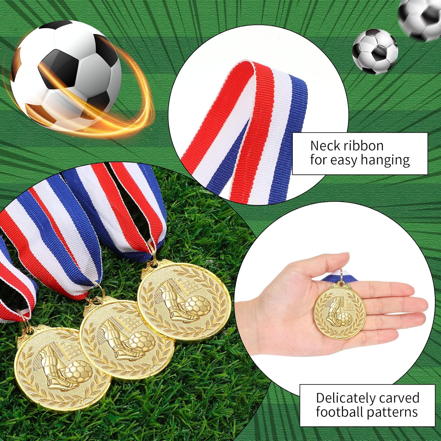 Yinkin 24-Piece Soccer Gold Award Medals Set - Metal Trophies with Red, White & Blue Ribbons for Team Competitions