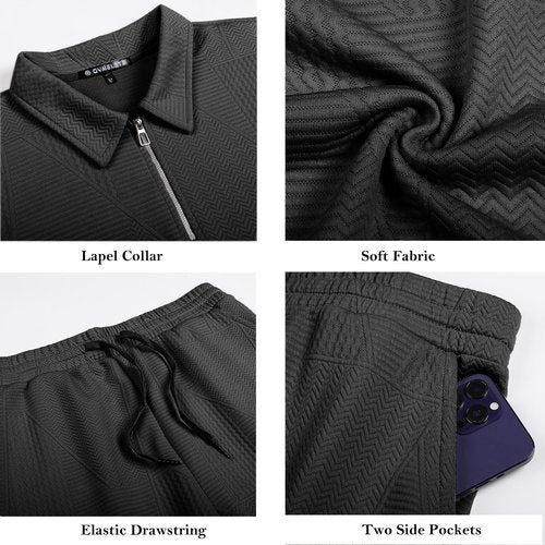 GYMELITE Men's 2 Piece Short Sets Outfits Summer Polo Shirts and Shorts Casual Zip Short Sleeve Fashion Shorts Tracksuit Set(BK XL)