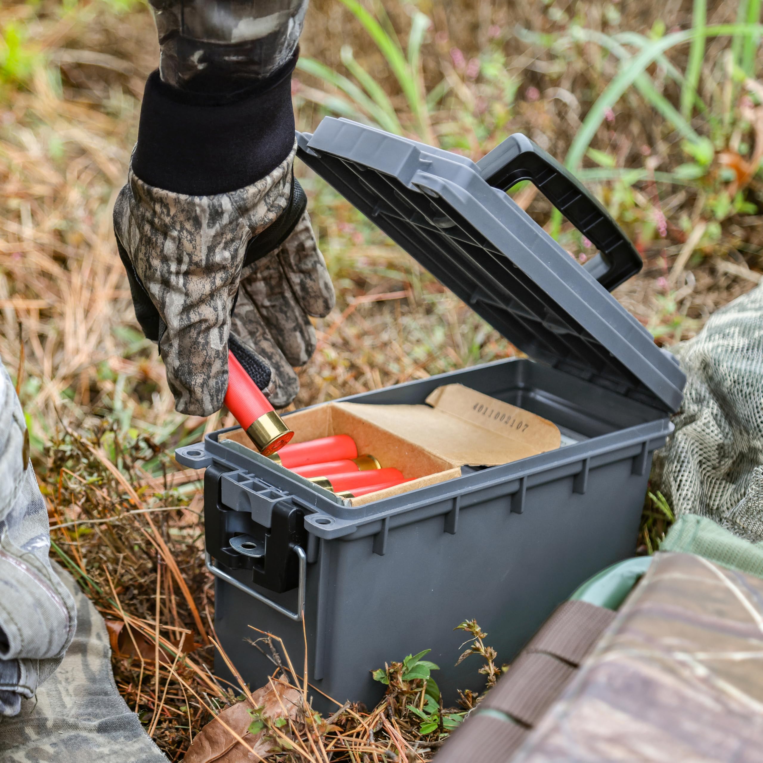 Sheffield 12759 4-Pack Ammo Storage Box, Stackable .30 Cal Field Boxes, Water and Dust Resistant, Lockable Storage Box with Handle, Secures Hunting Gear, Supplies, and Bullets, Made in USA, Gray