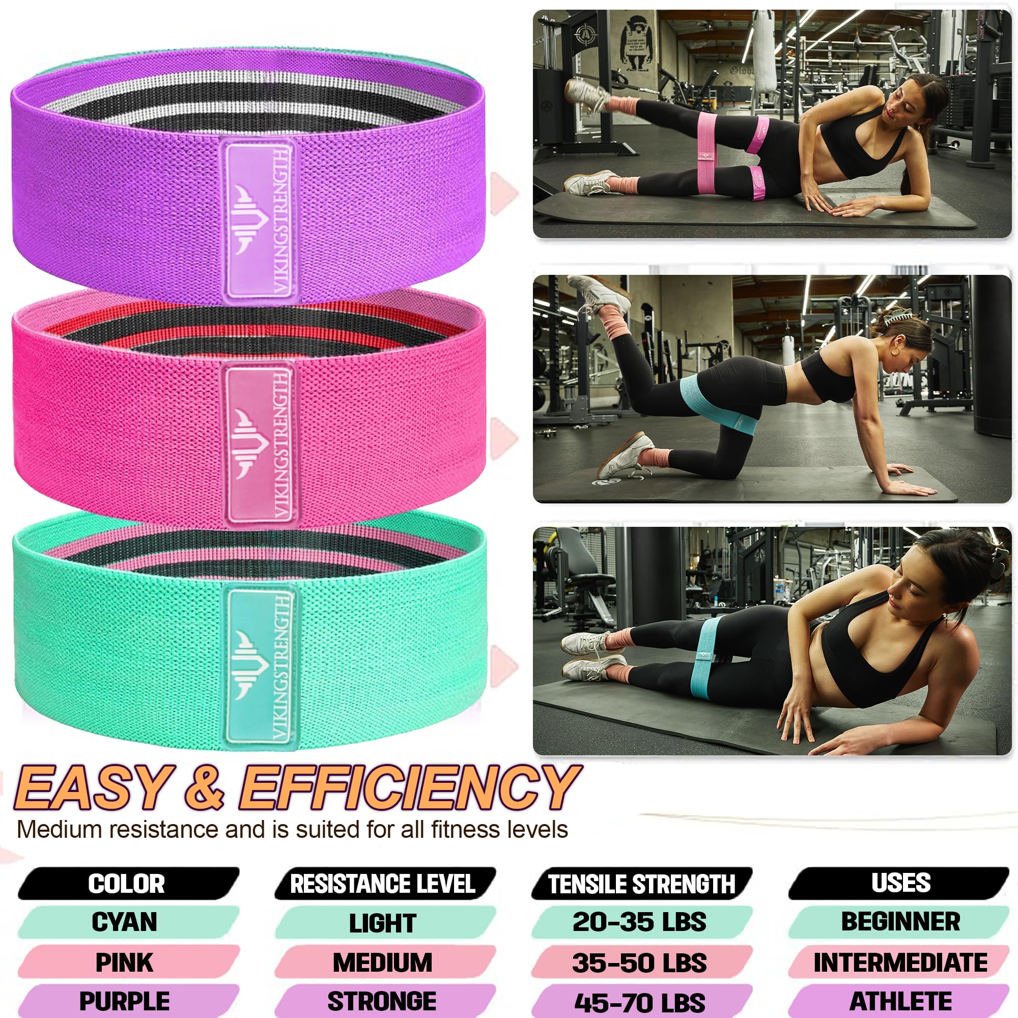Vikingstrength Booty Bands, Resistance Bands, 3 Levels Exercise Workout Elastic Bands for Legs and Butt, Non-Slip Glute Hip Thigh Band, Booty Bands for Woman Gym Work Out + V-Strength Workout App