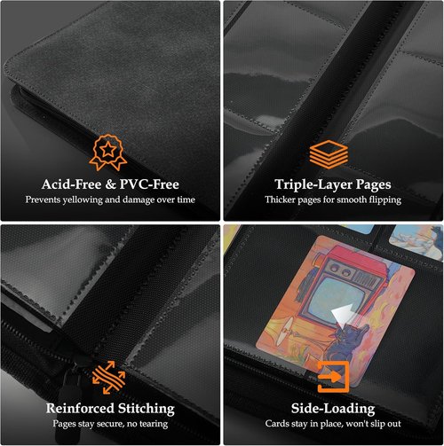 Card Binder 9 Pocket - Premium Durable Album for 360 Cards | Side-Loading Zipper Design, Black
