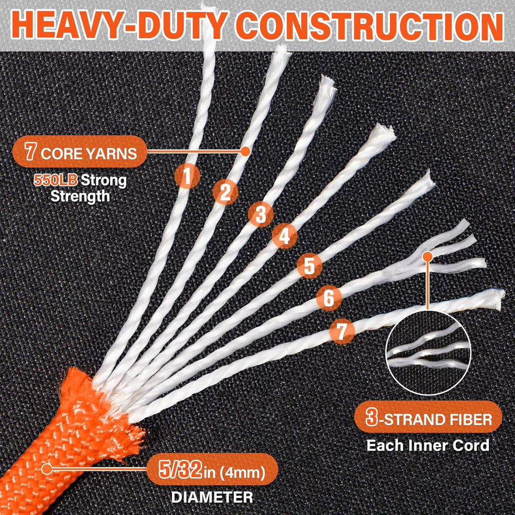 Paracord 550 lb - 500ft Heavy Duty 7-Strand Parachute Cord | Versatile Survival & Camping Gear - Orange
