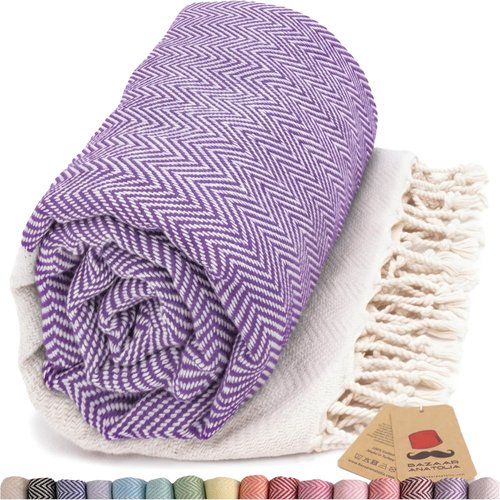 Bazaar Anatolia Turkish Beach Towel - 100% Cotton Quick Dry, Sand-Free, Oversized 71x39 in Purple