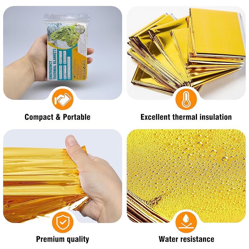 Emergency Blanket (12-Pack) Gold Foil Thermal Blankets 210x160cm – Outdoor, Hiking, Survival