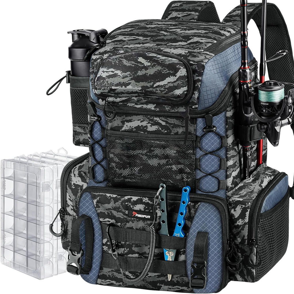 Piscifun Fishing Tackle Backpack - 42L Waterproof Bag with Rod Holders & 4 Tackle Boxes
