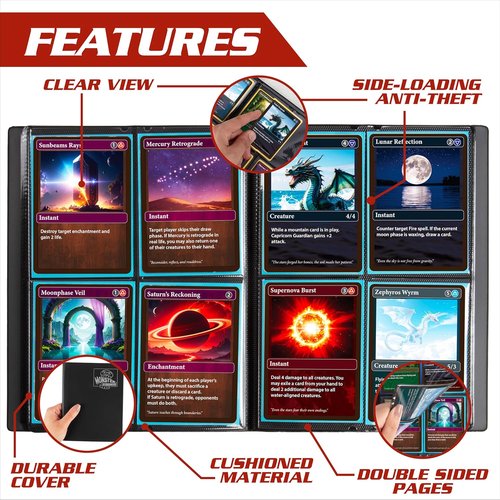 Monster Trading Card Album - Matte Black Binder with Anti-Theft Protection | Holds 160 Cards, Side Loading Pockets