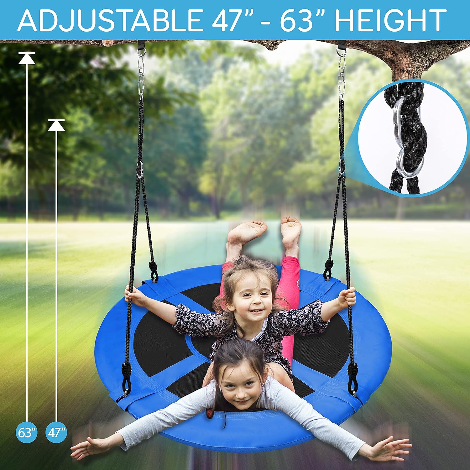 SereneLife Outdoor Tree Swing - 40” Saucer Swing with Adjustable Ropes & Center Swivel Spinner (Blue)
