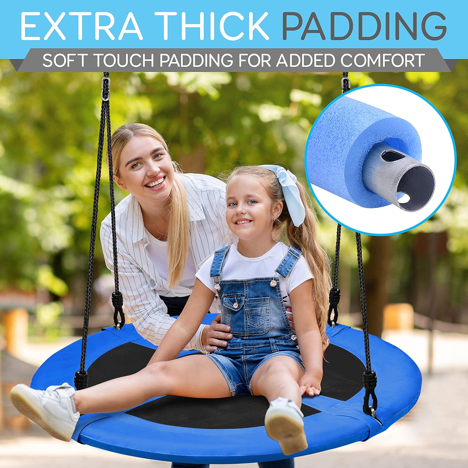SereneLife Outdoor Tree Swing - 40” Saucer Swing with Adjustable Ropes & Center Swivel Spinner (Blue)