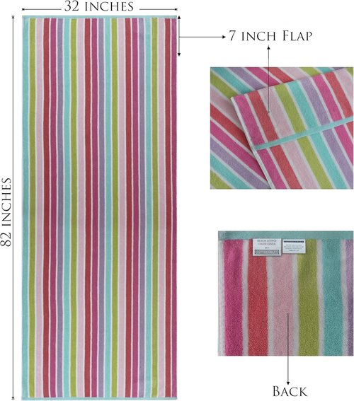 COTTON CRAFT Pool Lounge Chair Cover | 2-Pack Dobby Terry Stripe Soft Cotton Towel - Oversized 32" W x 82" L x 7" Pocket - Pink Multi