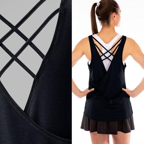 Franklin Sports Women's Sports Tank Top - White Athletic Lattice Back Tank Top for Pickleball, Tennis, Golf + Other Sports - Comfortable Relaxed Fit Spandex Blend - Women's Small - Black