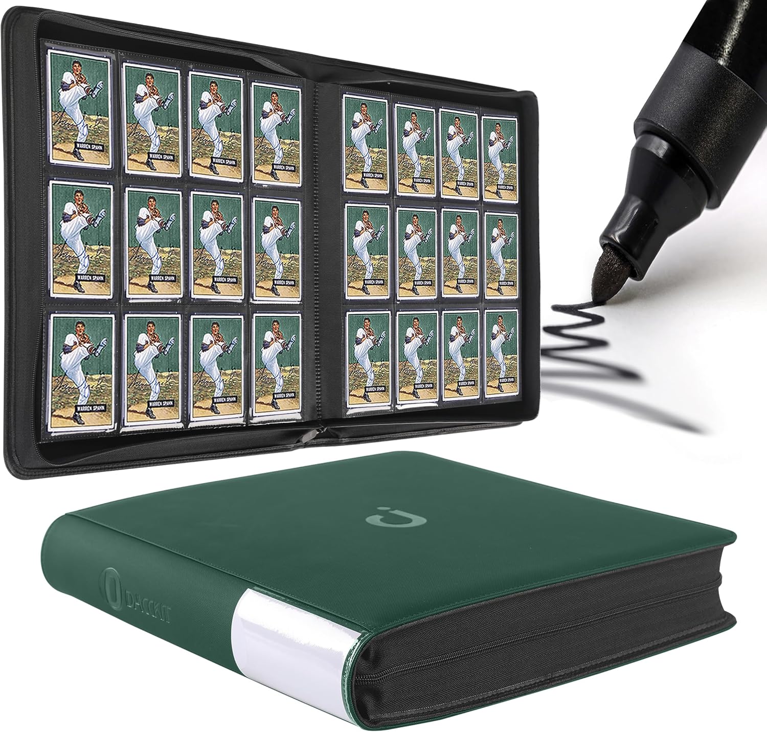 Premium Card Binder - 12 Pocket Design Fits 1200 Cards | 3X4 Ringless with Sleeves, Blackish Green