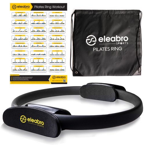 eleabro Sports 14 inch Pilates Ring Circle - Magic Circle Pilates Ring with A1 Size Workout Poster, Yoga Ring Fitness Ring with Soft Handles, Inner Thigh Exercise Equipment for Home Workouts - (Black)