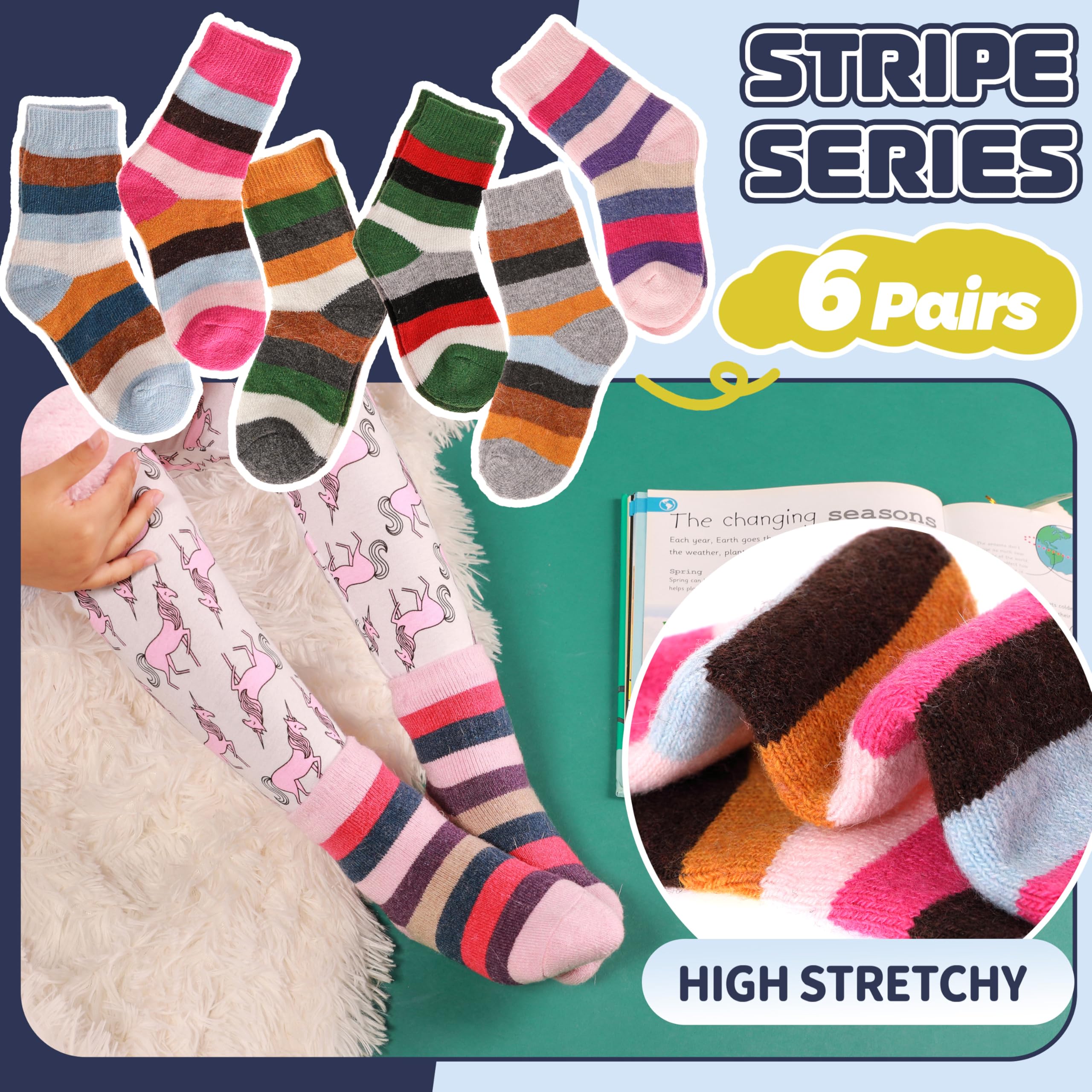 ProEtrade Merino Wool Socks for Kids Toddlers Boys Girls Thick Warm Winter Hiking Heavy Thermal Cozy Crew Boot Gift Socks 6 Pack(Colorful Stripes,4-7 Y)