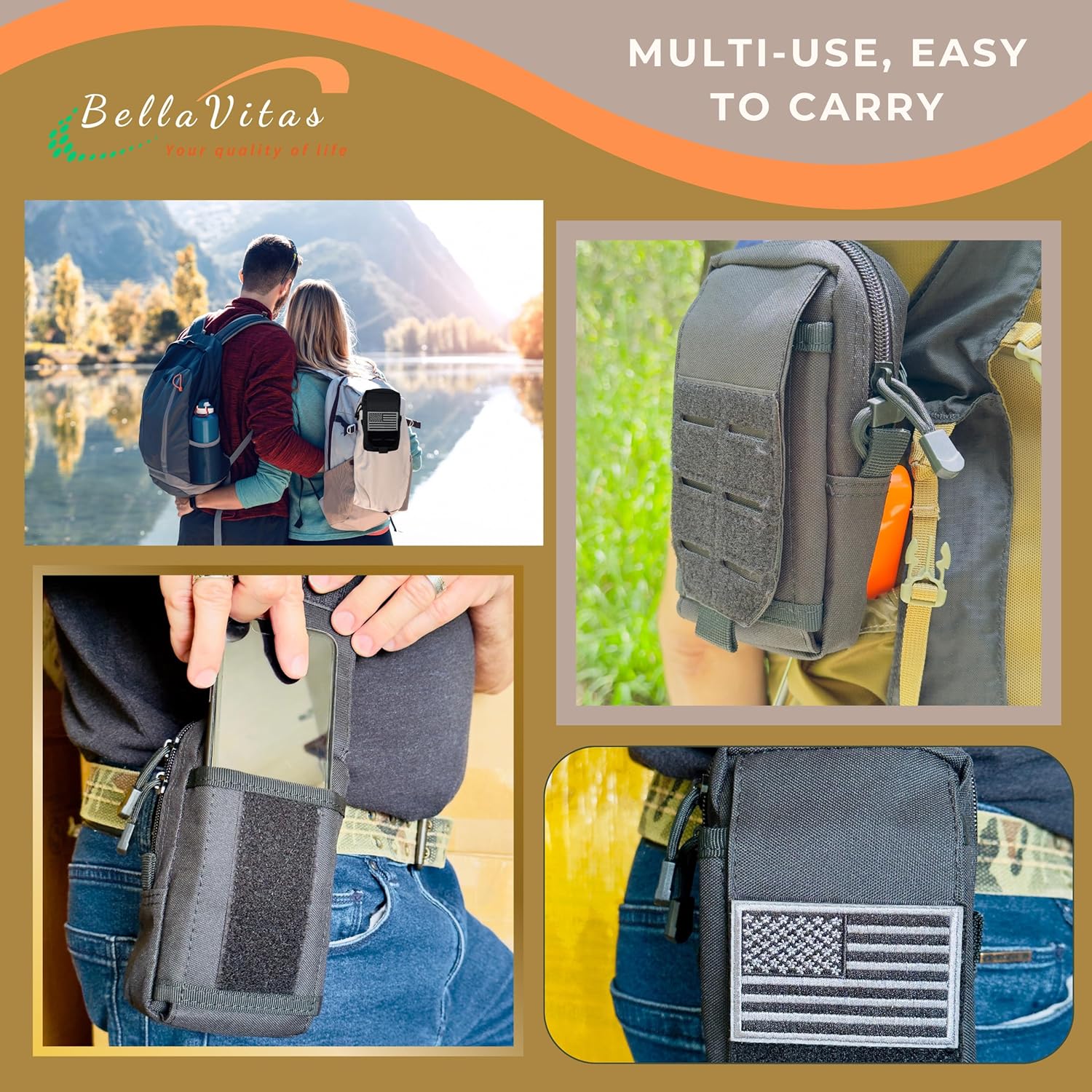 Skiennix Tactical Molle Pouch - Small EDC Utility Bag with US Flag Patch | Military Gadget Organizer